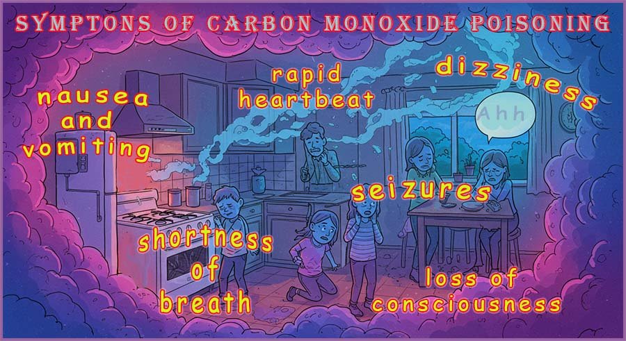 Poster showing the symptons of carbon monoxide poisoning.